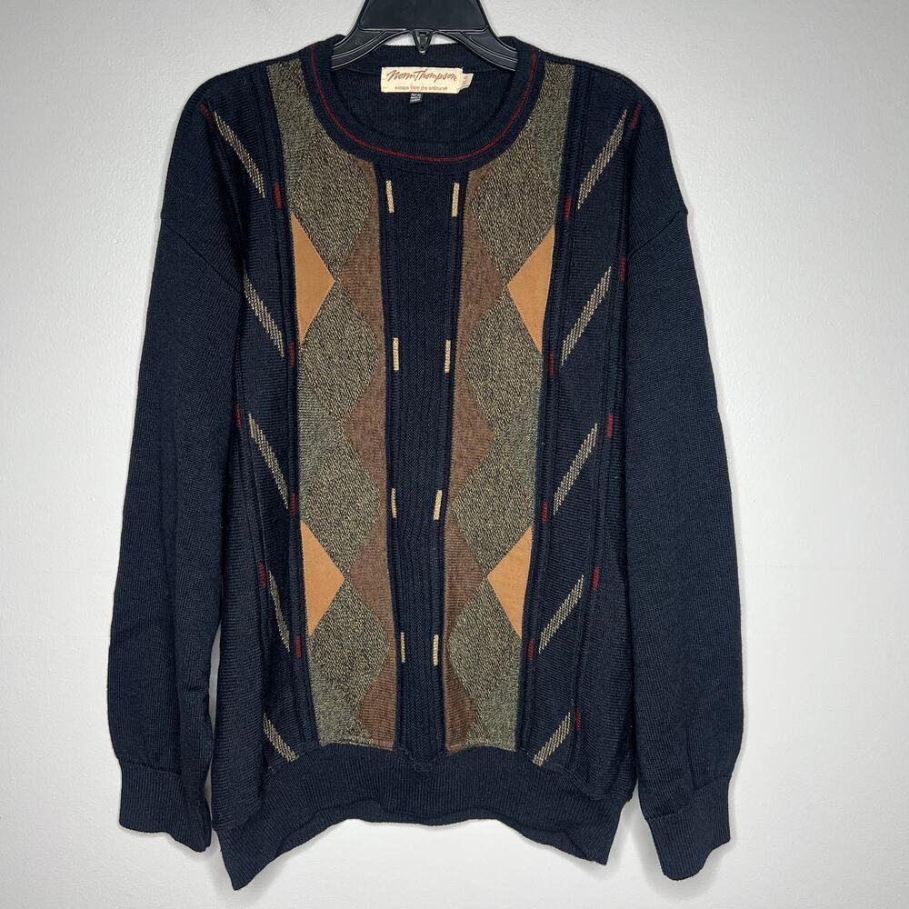 VTG Norm Thompson Wool Leather 3D TEXTURED SWEATER‎ XL Coogi Style Biggie Cosby
